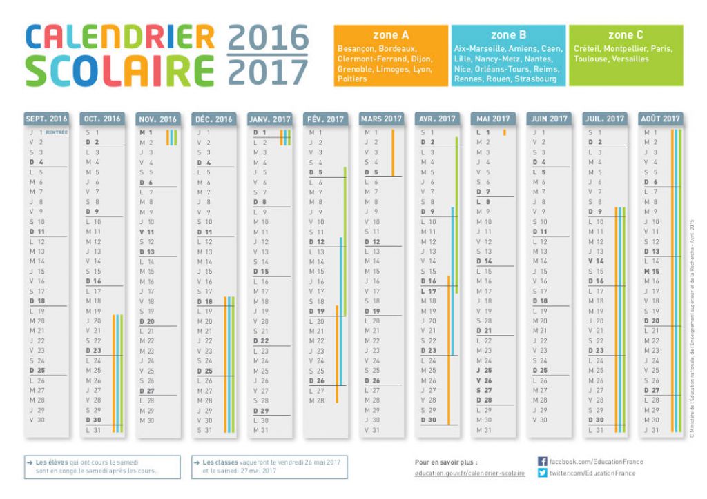 calendrier scolaire 2016 2017