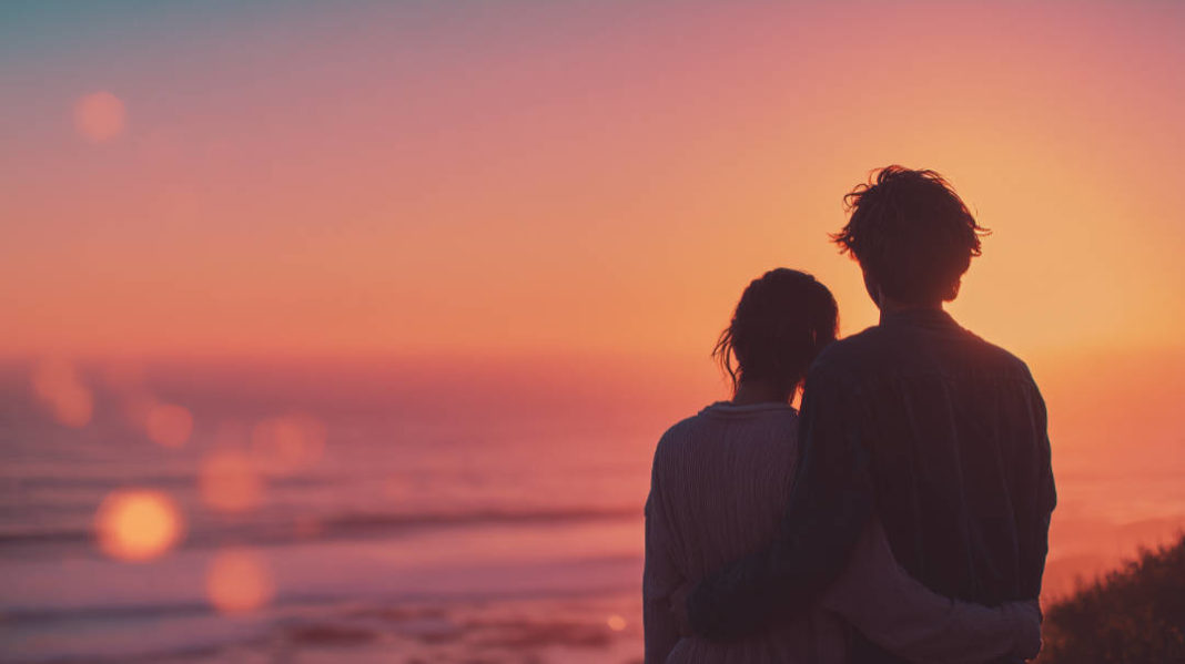 couple romantique à la plage regarde un coucher de soleil